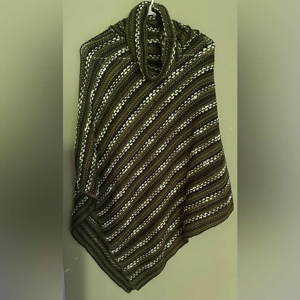TICKLED PINK greens, black & white striped, cowl neck, pull on knit poncho. NWT